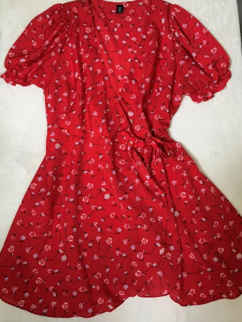 SHEIN Boho Ditsy Floral Print Puff Sleeve Knot Side Wrap Dress Size 0XL Short